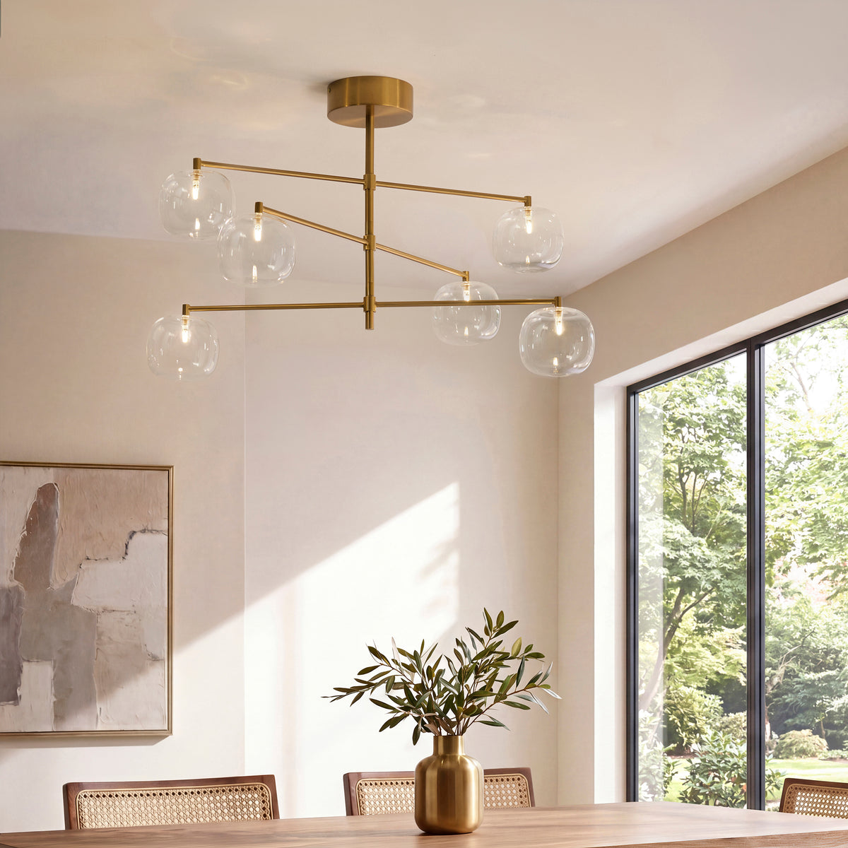 Oslo Six Light Pendant in Brushed Aged Brass with Clear Glass Shades