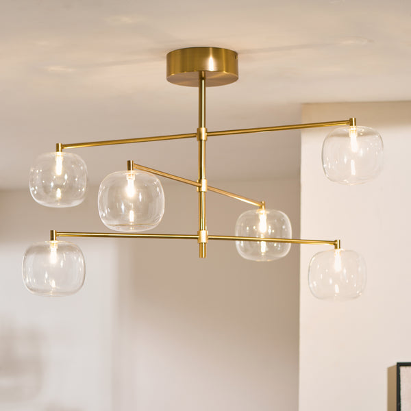Oslo Six Light Pendant in Brushed Aged Brass with Clear Glass Shades