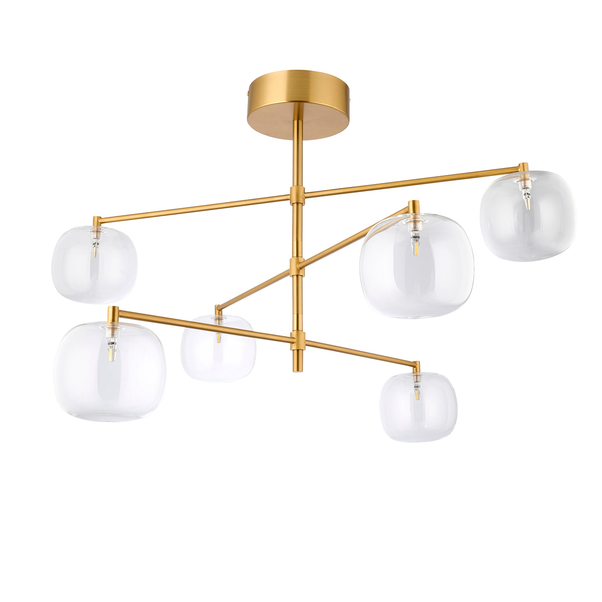 Oslo Six Light Pendant in Brushed Aged Brass with Clear Glass Shades