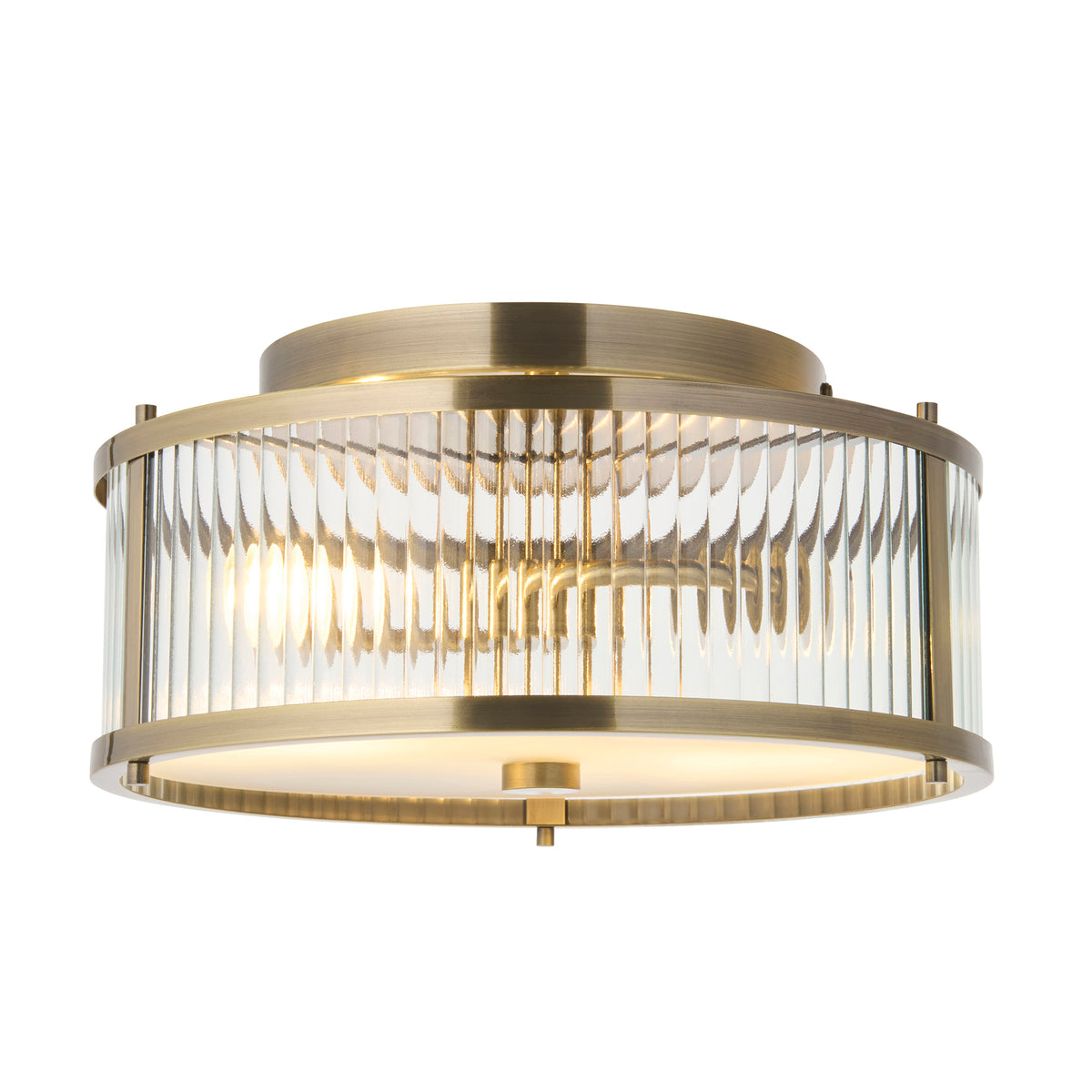 Ridgeton IP44 Flush Ceiling Light in Antique Brass with Clear Ribbed Glass & Frosted Diffuser
