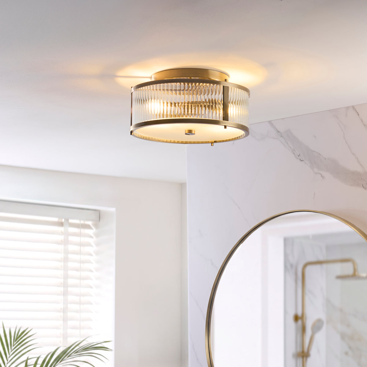 Ridgeton IP44 Flush Ceiling Light in Antique Brass with Clear Ribbed Glass & Frosted Diffuser