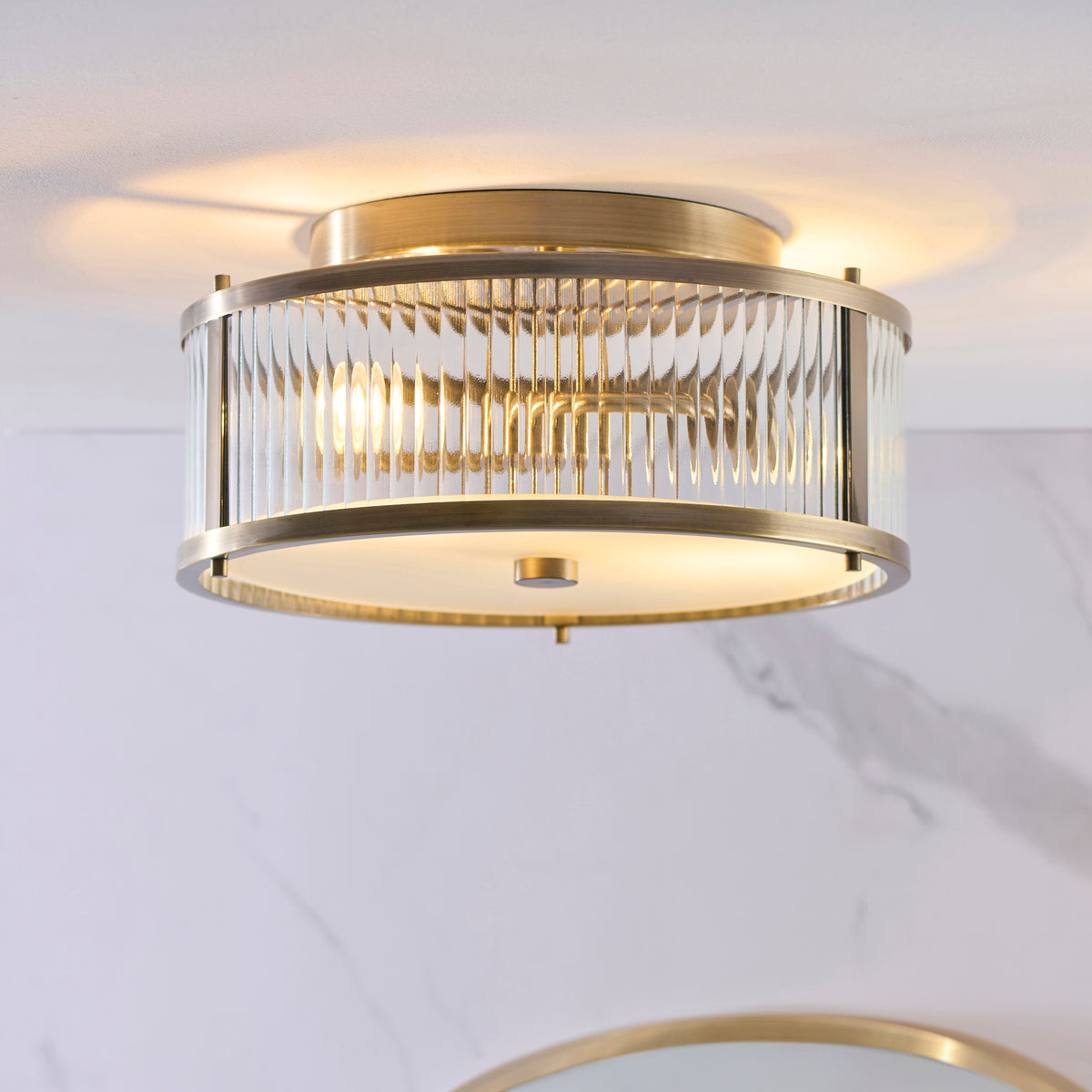 Ridgeton IP44 Flush Ceiling Light in Antique Brass with Clear Ribbed Glass & Frosted Diffuser