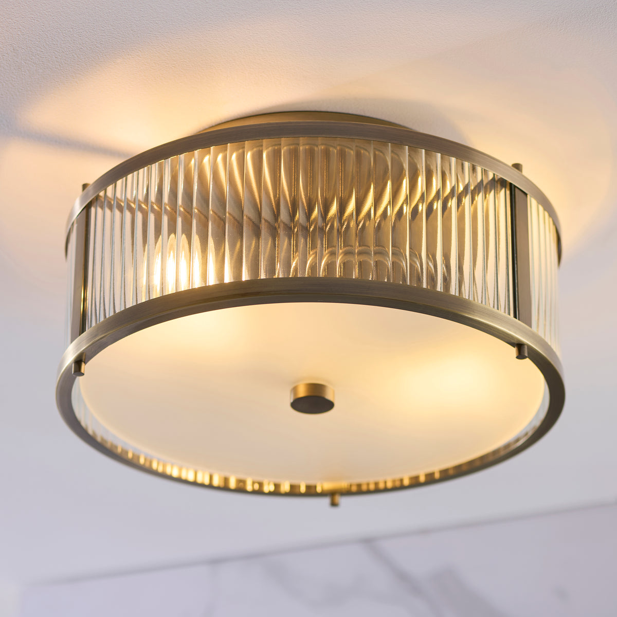Ridgeton IP44 Flush Ceiling Light in Antique Brass with Clear Ribbed Glass & Frosted Diffuser