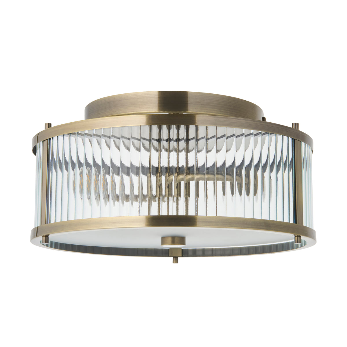 Ridgeton IP44 Flush Ceiling Light in Antique Brass with Clear Ribbed Glass & Frosted Diffuser