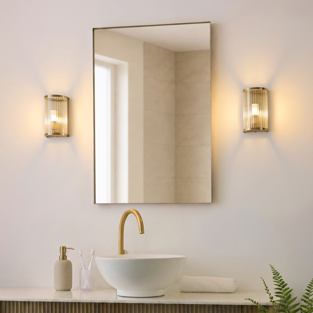 Ridgeton IP44 Wall Light in Antique Brass with Clear Ribbed Glass
