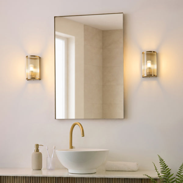 Ridgeton IP44 Wall Light in Antique Brass with Clear Ribbed Glass