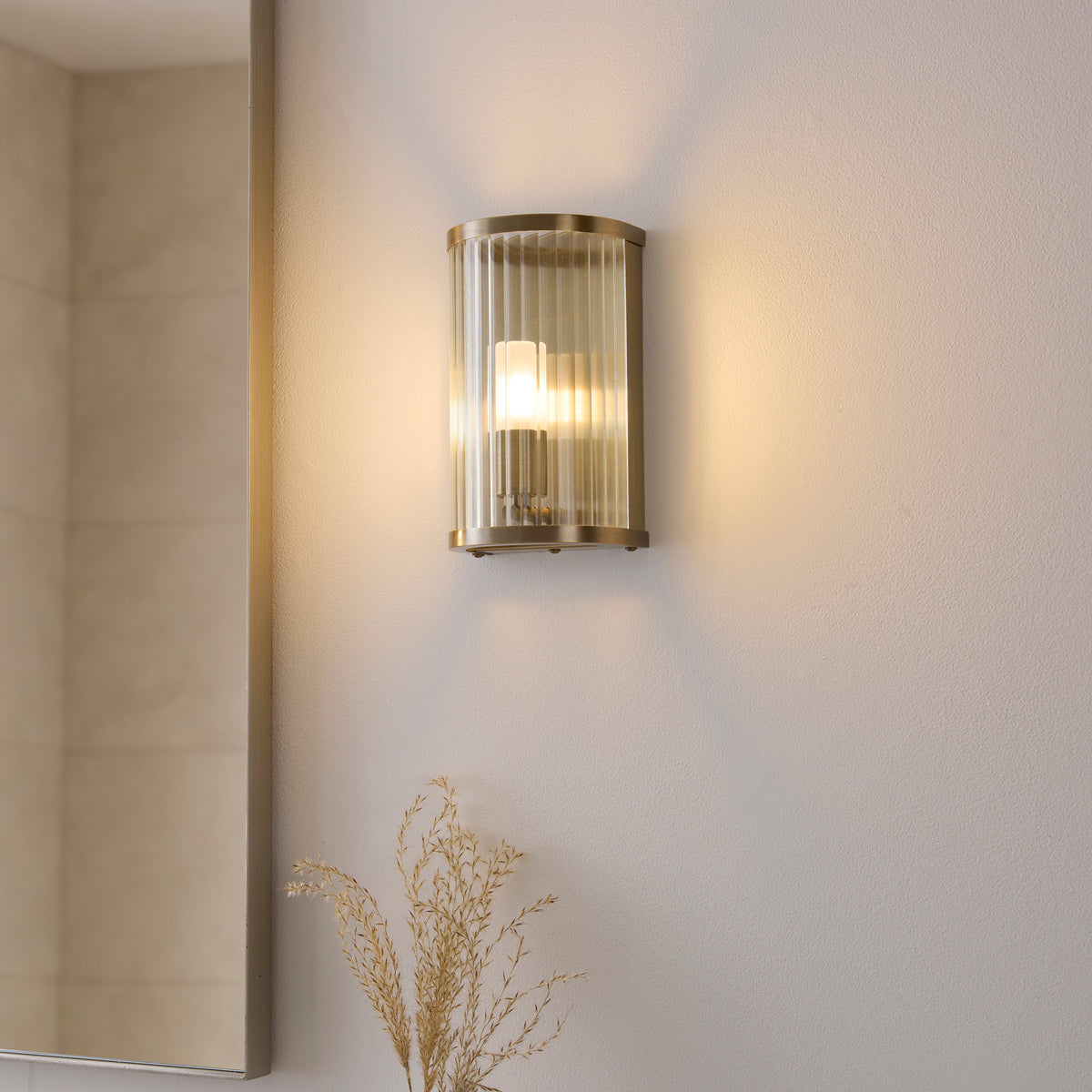 Ridgeton IP44 Wall Light in Antique Brass with Clear Ribbed Glass