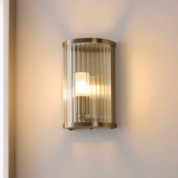 Ridgeton IP44 Wall Light in Antique Brass with Clear Ribbed Glass