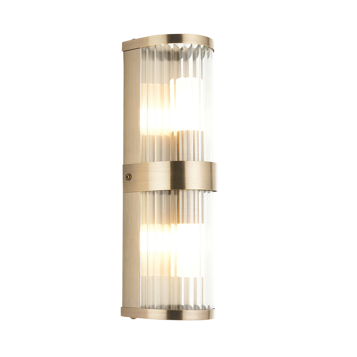 Ridgeton IP44 Twin Wall Light in Antique Brass with Clear Ribbed Glass