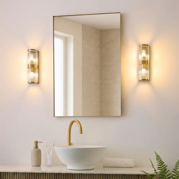 Ridgeton IP44 Twin Wall Light in Antique Brass with Clear Ribbed Glass
