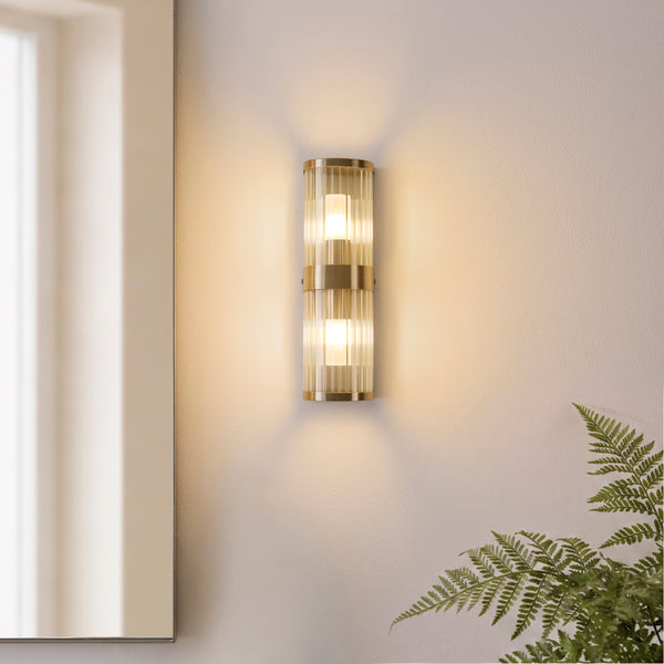 Ridgeton IP44 Twin Wall Light in Antique Brass with Clear Ribbed Glass