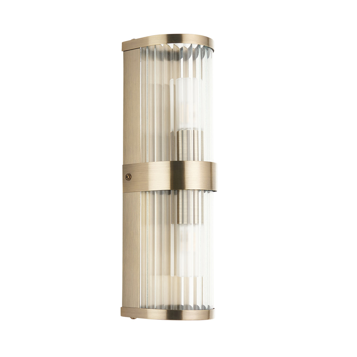 Ridgeton IP44 Twin Wall Light in Antique Brass with Clear Ribbed Glass