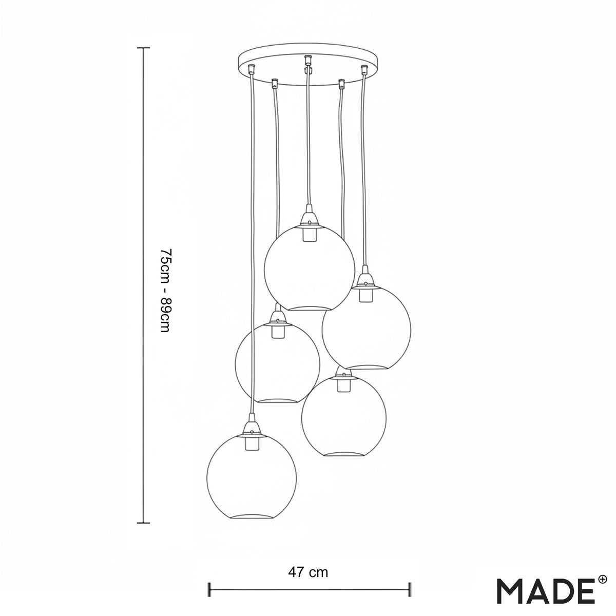 Ilaria 5 Light Cluster Pendant No.1 in Polished Brass with Multi Colour Dimple Glass Shades