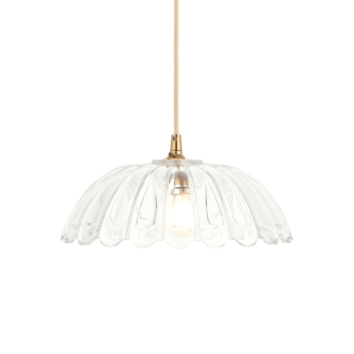 Carnation & Eltham Pendant with Natural Fabric Flex and Brushed Aged Brass Metalwork
