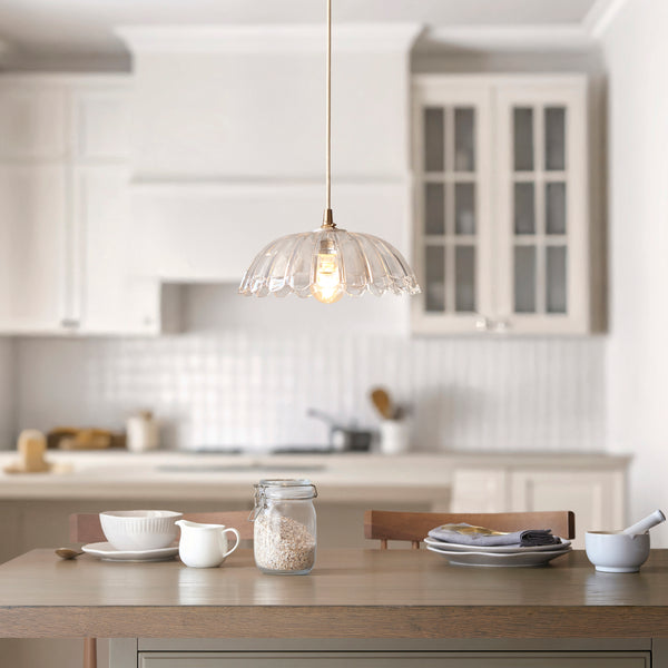 Carnation & Eltham Pendant with Natural Fabric Flex and Brushed Aged Brass Metalwork
