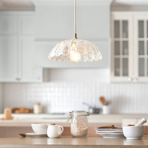 Carnation & Eltham Pendant with Natural Fabric Flex and Brushed Aged Brass Metalwork