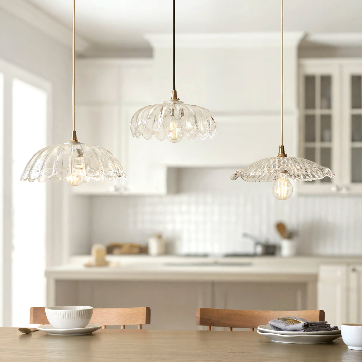Carnation & Eltham Pendant with Natural Fabric Flex and Brushed Aged Brass Metalwork