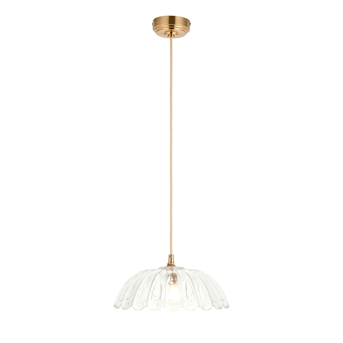 Carnation & Eltham Pendant with Natural Fabric Flex and Brushed Aged Brass Metalwork