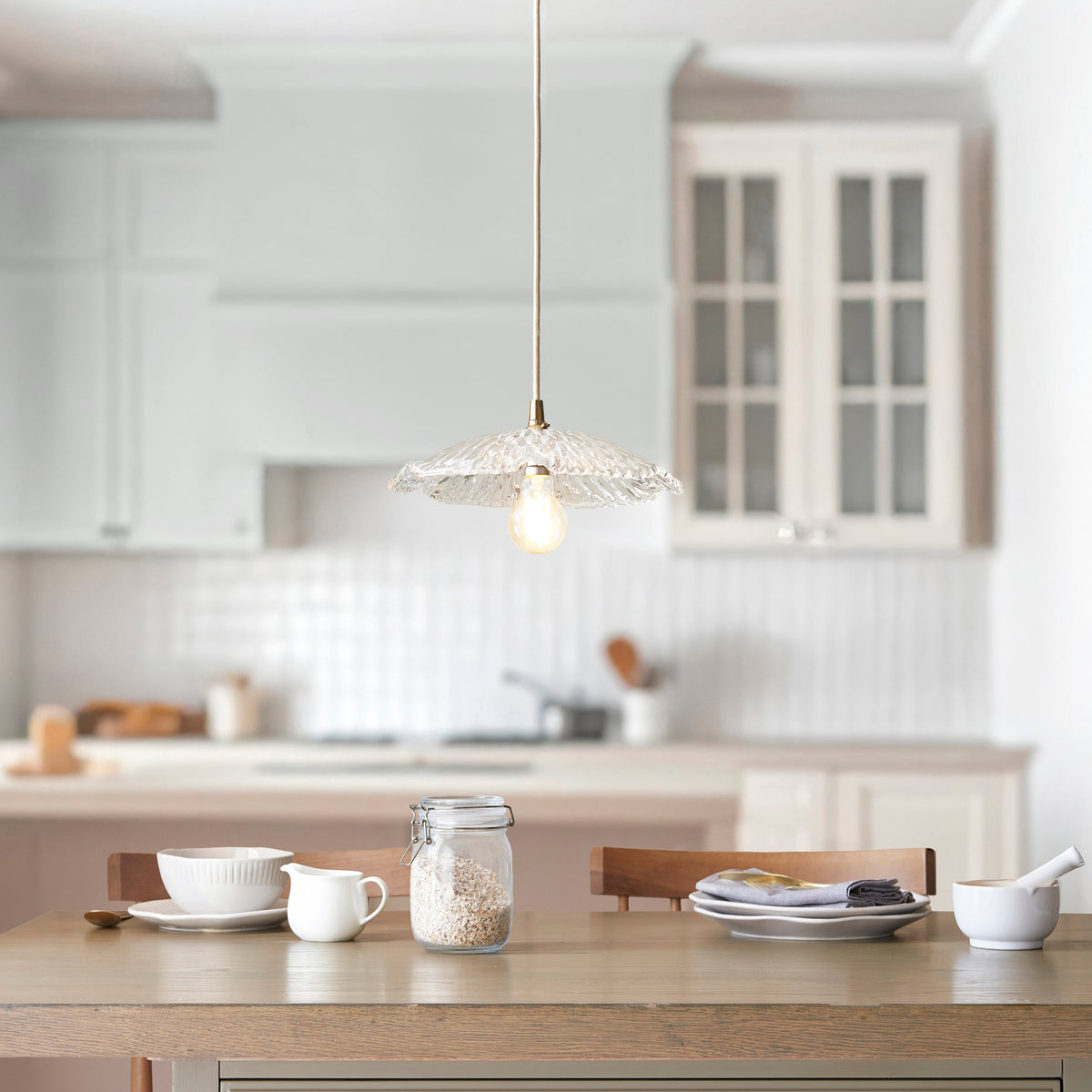 Orchid & Eltham Pendant with Natural Fabric Flex and Brushed Aged Brass Metalwork