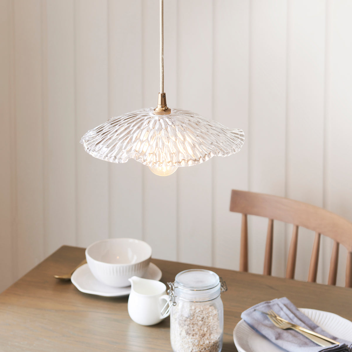 Orchid & Eltham Pendant with Natural Fabric Flex and Brushed Aged Brass Metalwork
