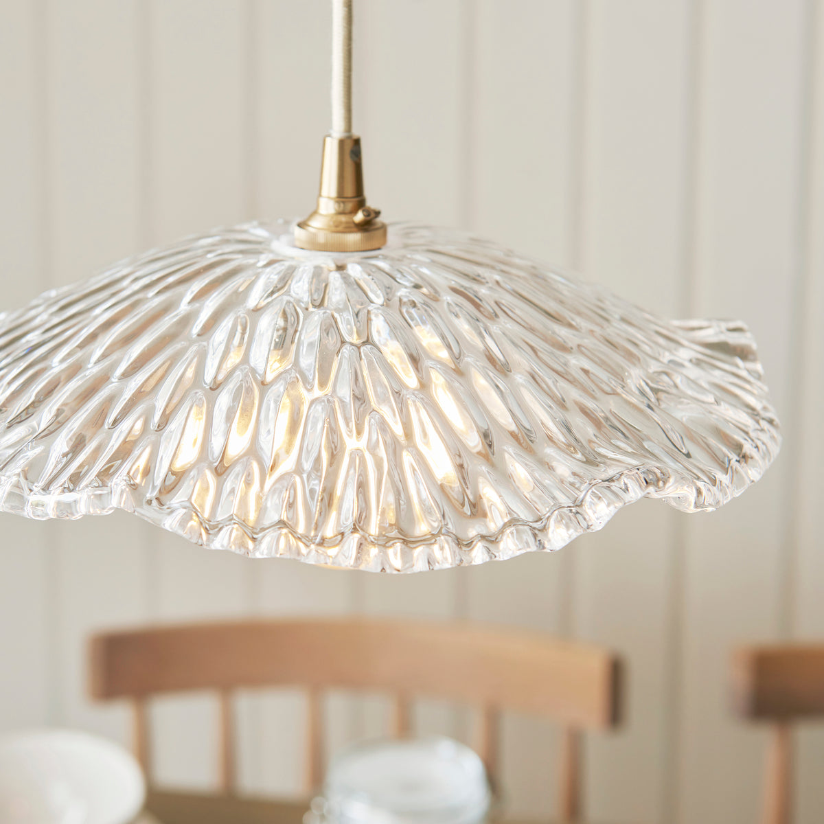 Orchid & Eltham Pendant with Natural Fabric Flex and Brushed Aged Brass Metalwork