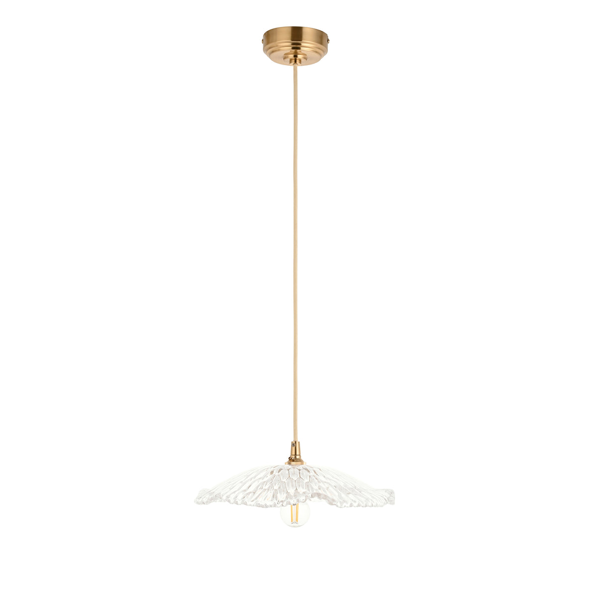 Orchid & Eltham Pendant with Natural Fabric Flex and Brushed Aged Brass Metalwork