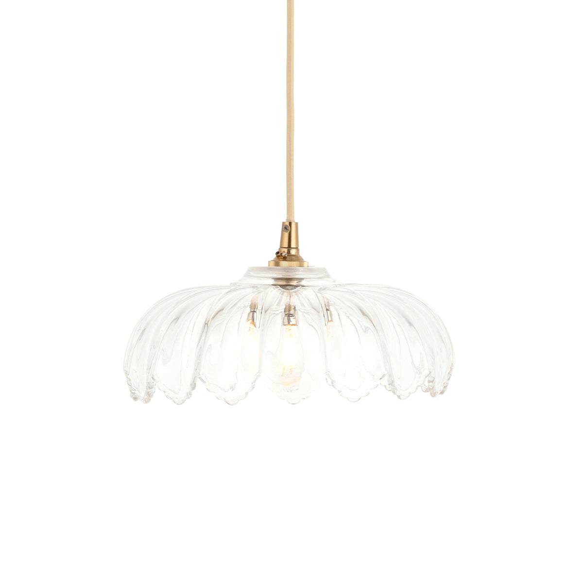 Camellia & Eltham Pendant with Natural Fabric Flex and Brushed Aged Brass Metalwork