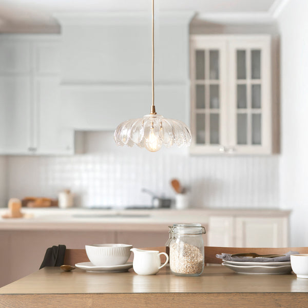 Camellia & Eltham Pendant with Natural Fabric Flex and Brushed Aged Brass Metalwork