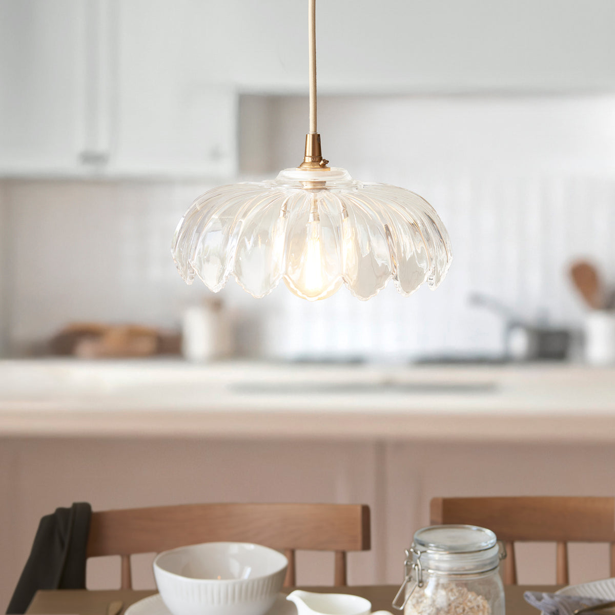 Camellia & Eltham Pendant with Natural Fabric Flex and Brushed Aged Brass Metalwork