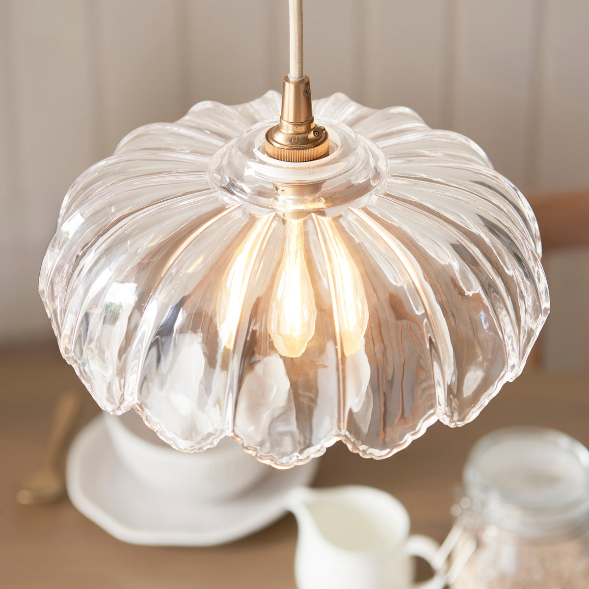 Camellia & Eltham Pendant with Natural Fabric Flex and Brushed Aged Brass Metalwork