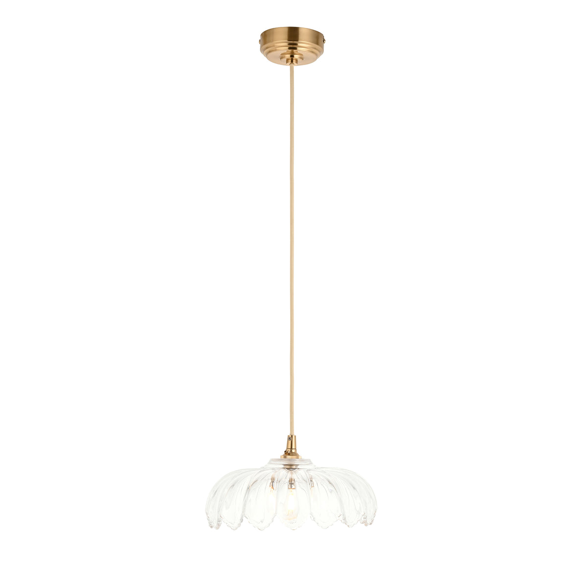 Camellia & Eltham Pendant with Natural Fabric Flex and Brushed Aged Brass Metalwork