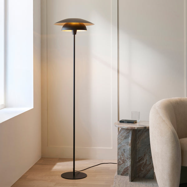 Lyon Floor Lamp in Matt Black Shade with Inner Painted Satin Brass