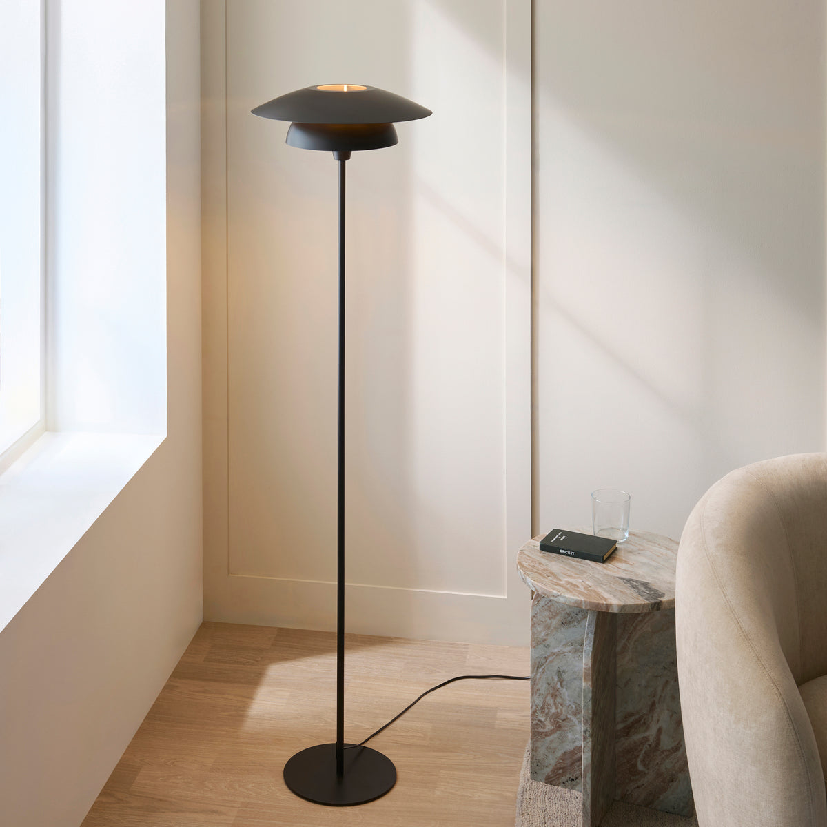 Lyon Floor Lamp in Matt Black Shade with Inner Painted Satin Brass