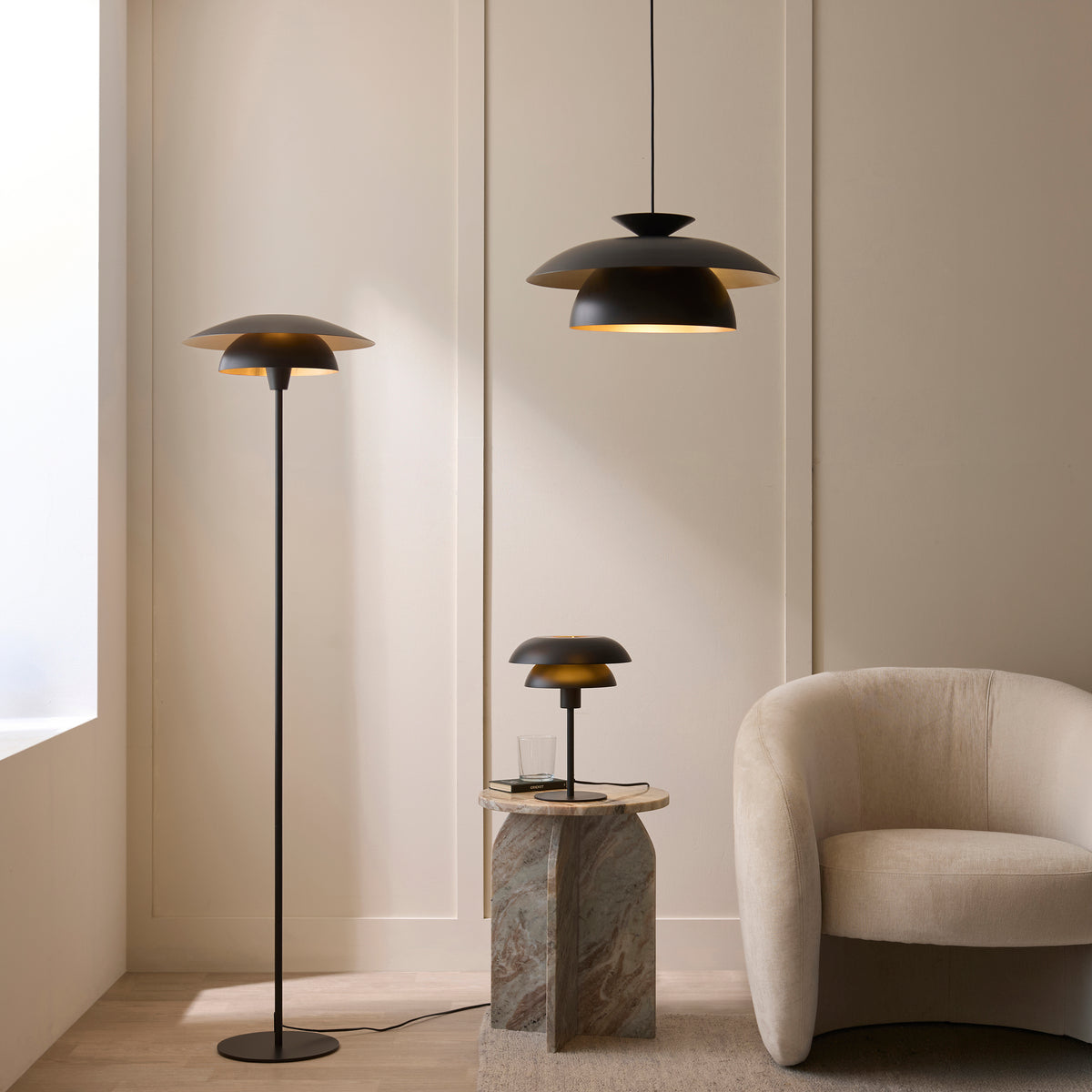 Lyon Floor Lamp in Matt Black Shade with Inner Painted Satin Brass