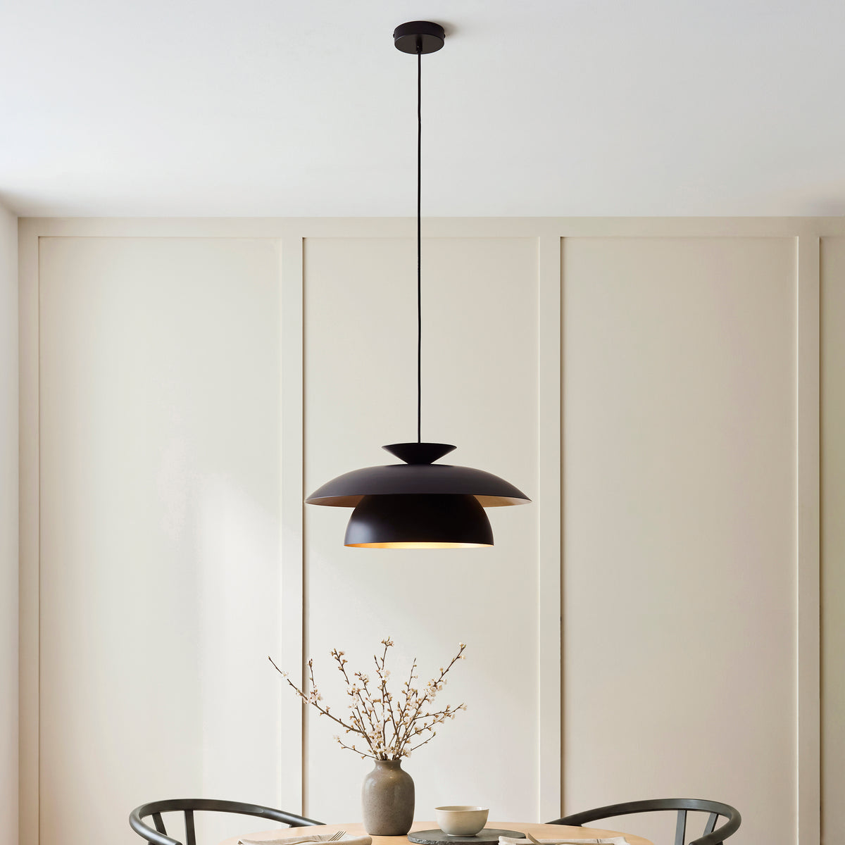 Lyon Single Drop Pendant in Matt Black Shade with Inner Painted Satin Brass