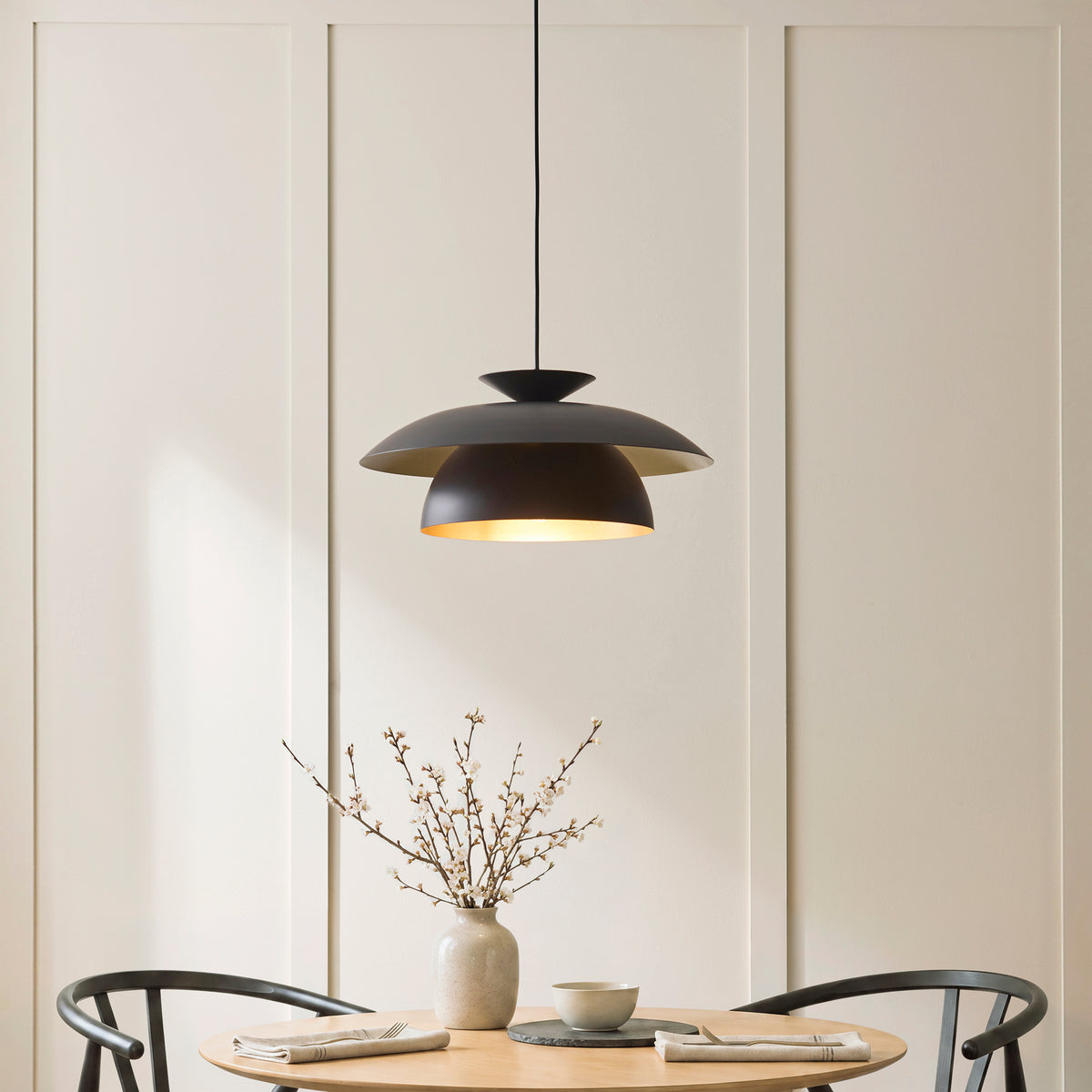 Lyon Single Drop Pendant in Matt Black Shade with Inner Painted Satin Brass