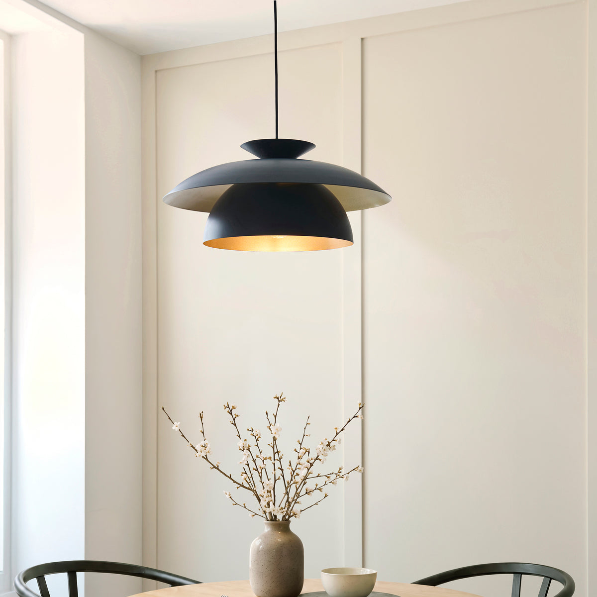 Lyon Single Drop Pendant in Matt Black Shade with Inner Painted Satin Brass