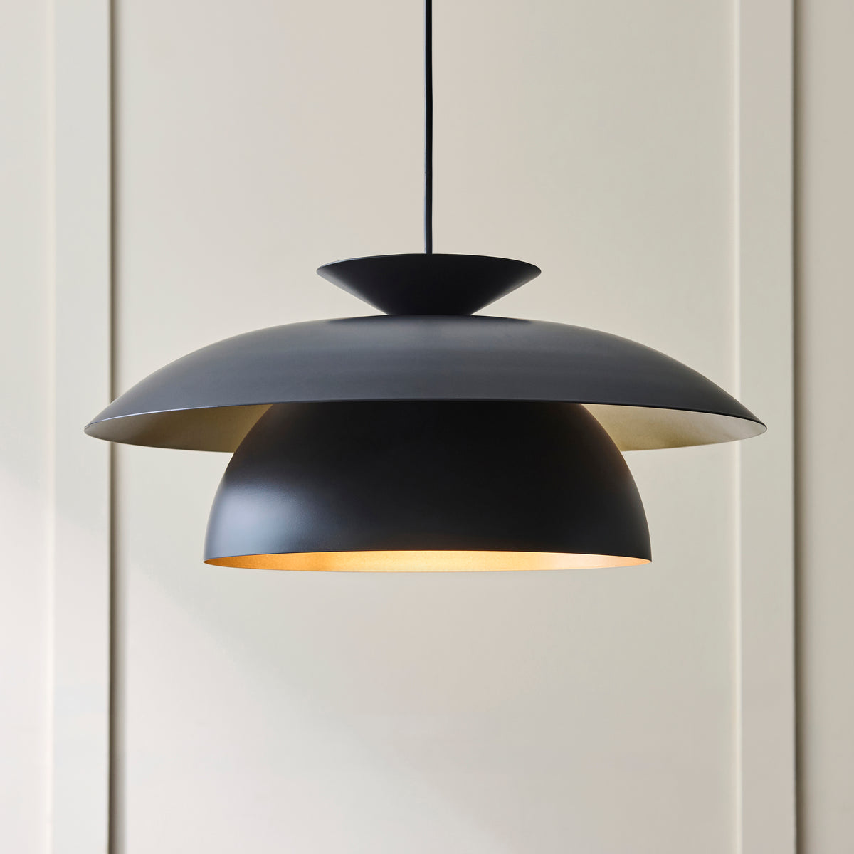 Lyon Single Drop Pendant in Matt Black Shade with Inner Painted Satin Brass