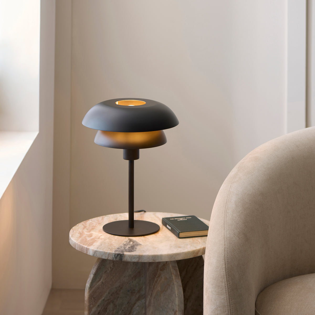 Lyon Table Light in Matt Black Shade with Inner Painted Satin Brass