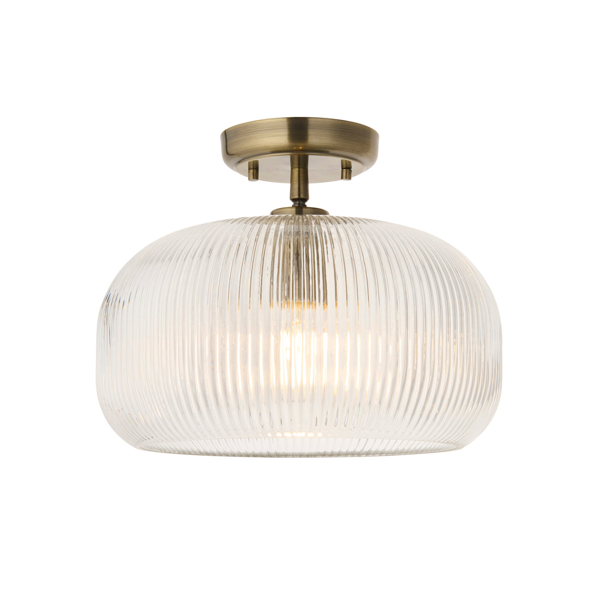 Harborne Semi Flush Ceiling Light in Antique Brass with Clear Ribbed Glass
