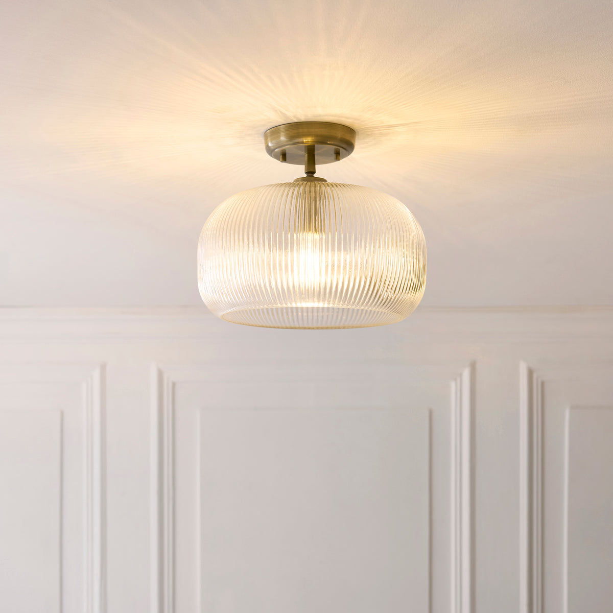 Harborne Semi Flush Ceiling Light in Antique Brass with Clear Ribbed Glass