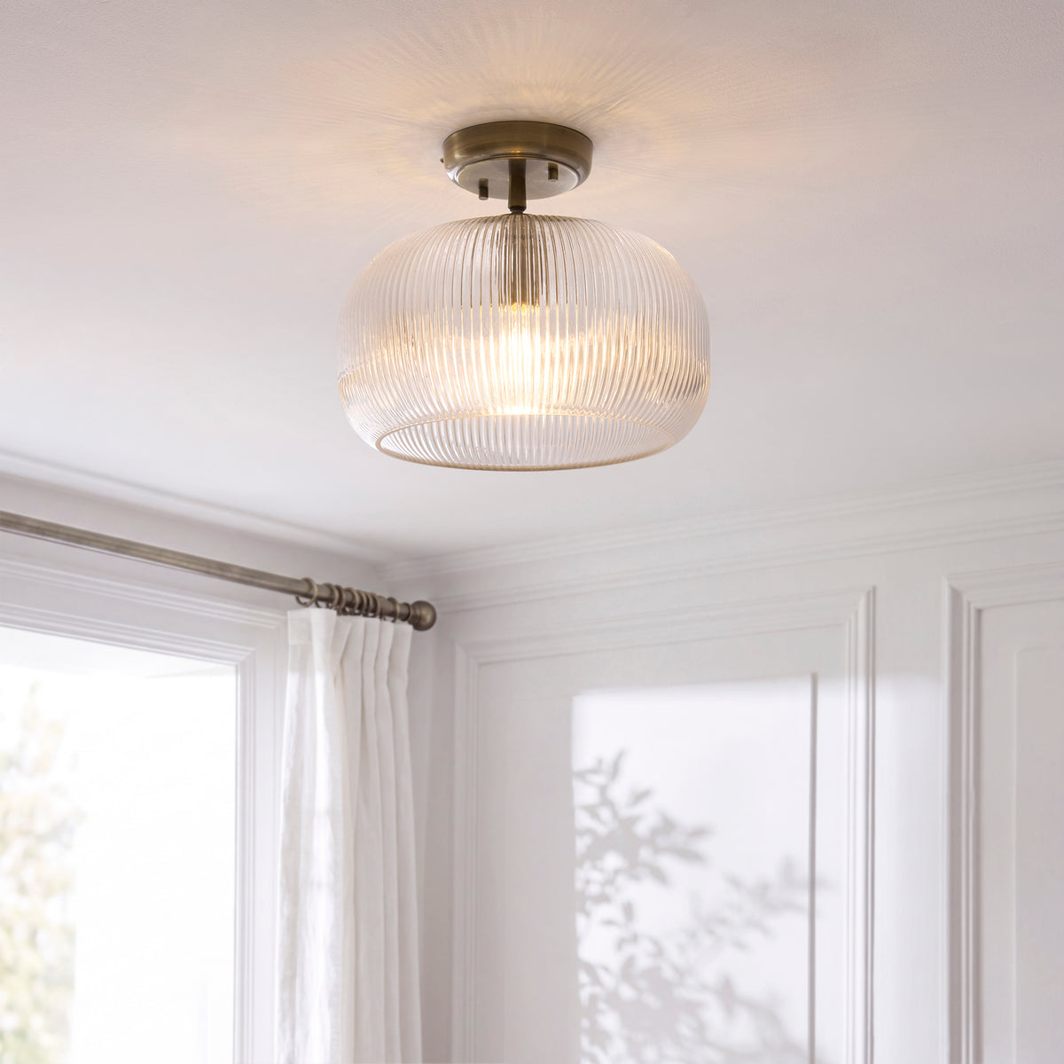 Harborne Semi Flush Ceiling Light in Antique Brass with Clear Ribbed Glass