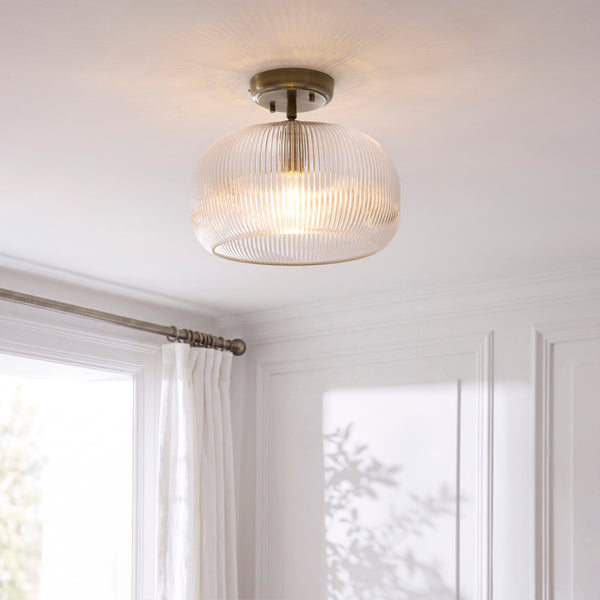 Harborne Semi Flush Ceiling Light in Antique Brass with Clear Ribbed Glass
