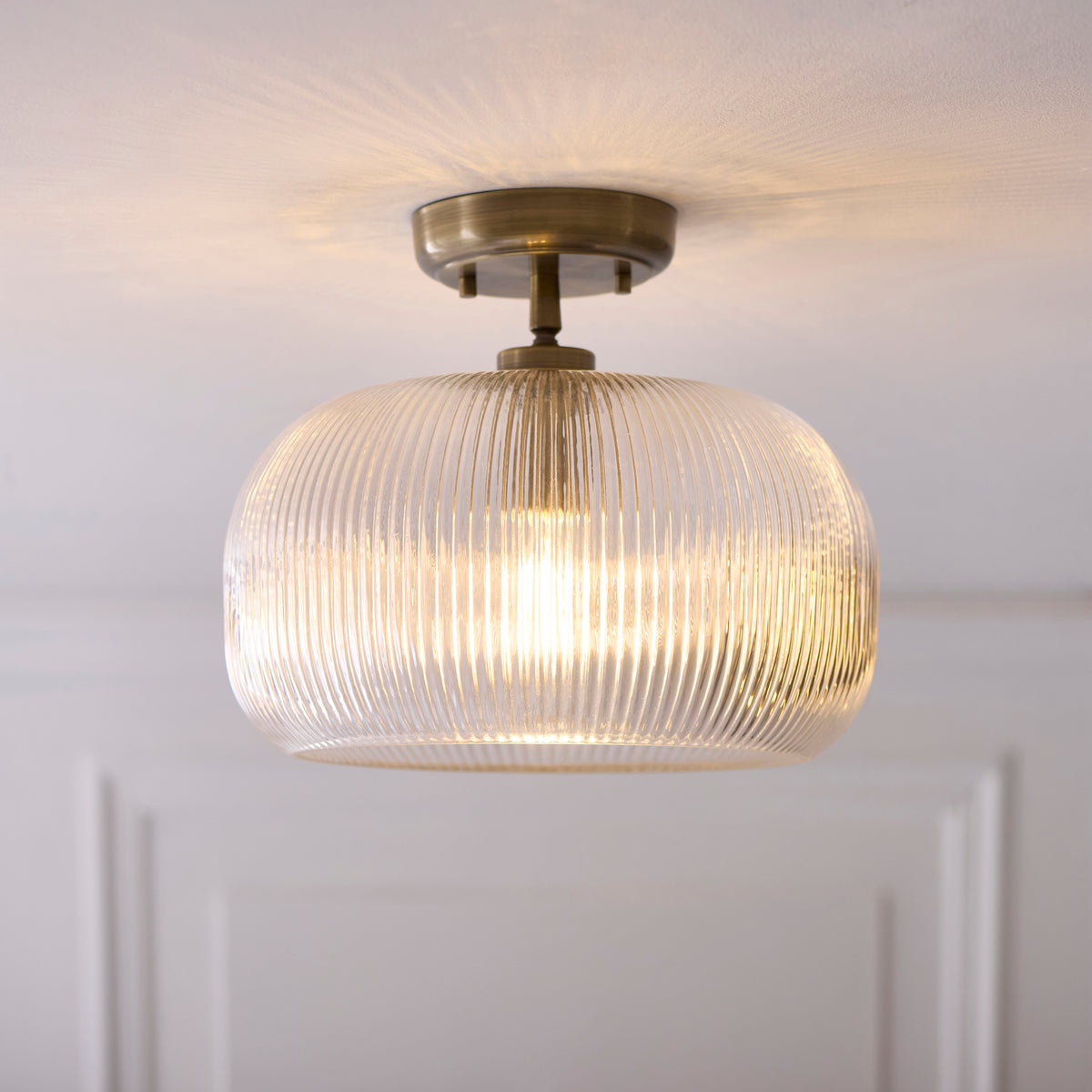 Harborne Semi Flush Ceiling Light in Antique Brass with Clear Ribbed Glass