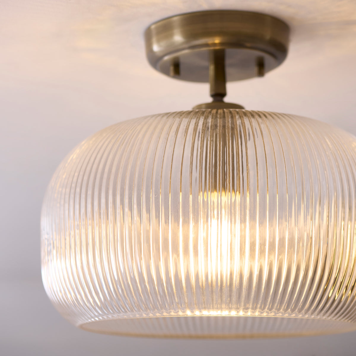 Harborne Semi Flush Ceiling Light in Antique Brass with Clear Ribbed Glass
