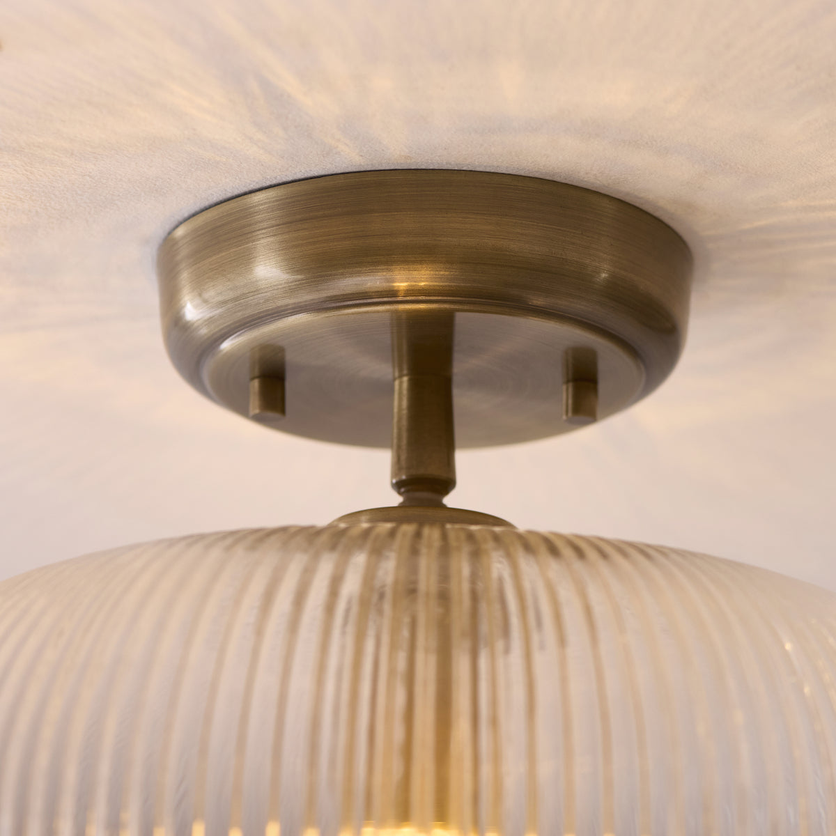 Harborne Semi Flush Ceiling Light in Antique Brass with Clear Ribbed Glass