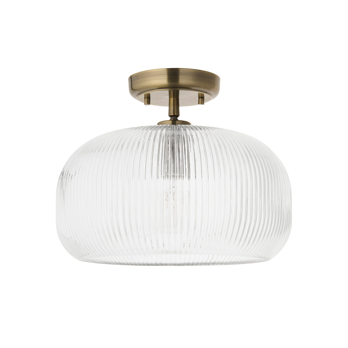 Harborne Semi Flush Ceiling Light in Antique Brass with Clear Ribbed Glass