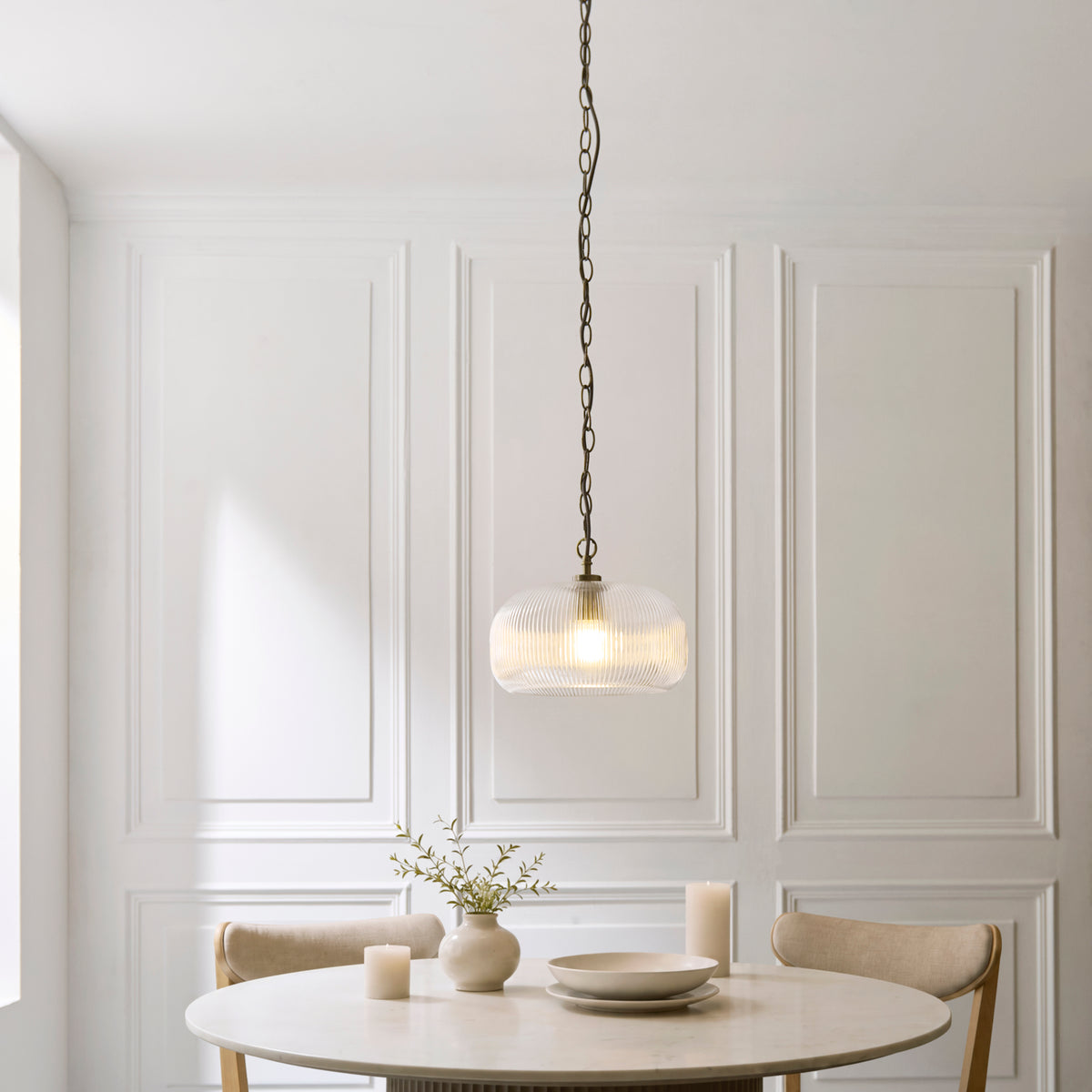 Harborne Single Drop Pendant in Antique Brass with Clear Ribbed Glass