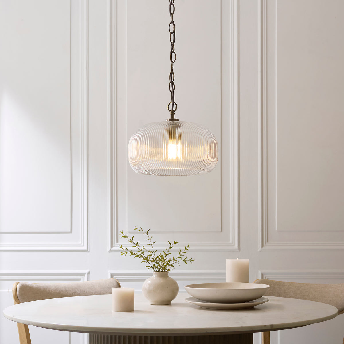 Harborne Single Drop Pendant in Antique Brass with Clear Ribbed Glass
