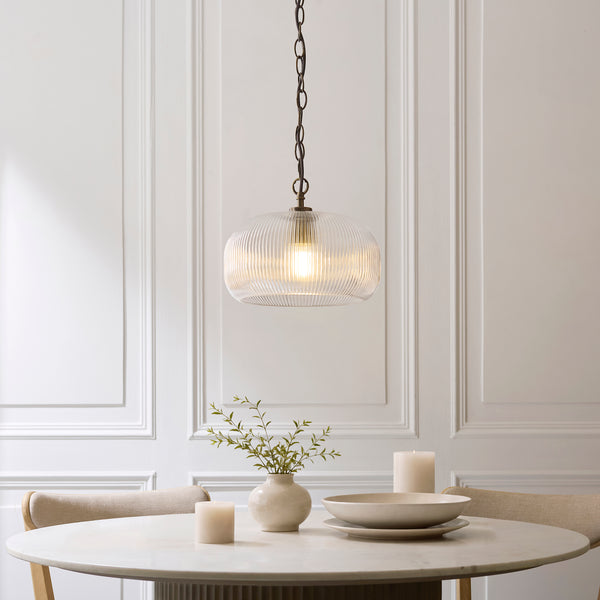 Harborne Single Drop Pendant in Antique Brass with Clear Ribbed Glass